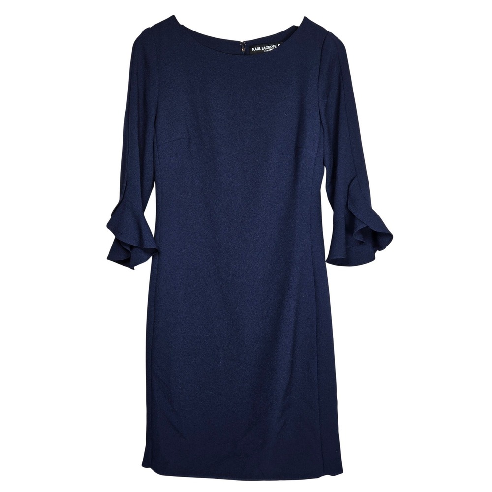 Karl Lagerfeld Paris Navy Blue Ruffle Tulip Bell Sleeve Crepe Sheath Dress 6